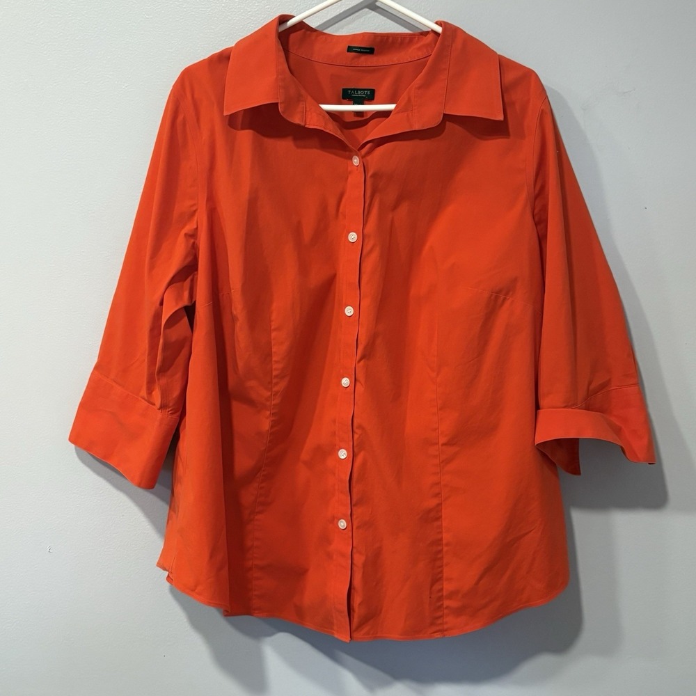 Talbots Womens Petite 20P Wrinkle Resistant  Button Front Shirt Orange Career